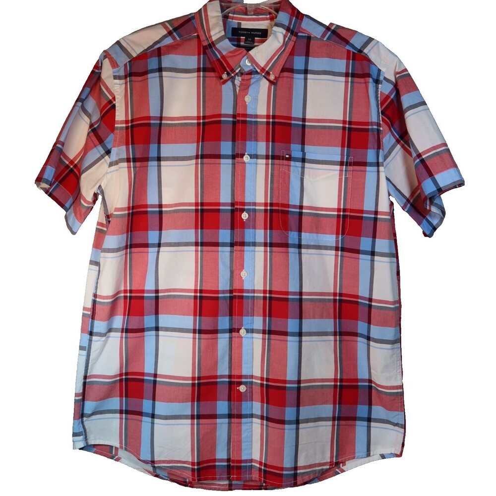 Tommy Hilfiger Classic Fit Mens Shirt Size Large Short Sleeve Red & Blue Plaid